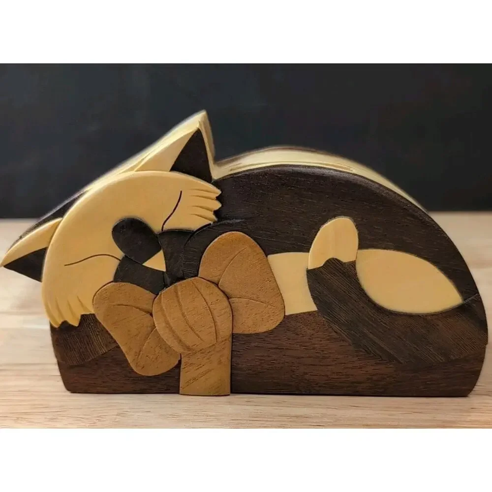 Sleeping Kitten CARVER DANS handcrafted Cat Solid Wood Puzzle Trinket Box